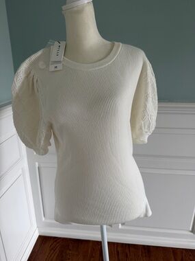 Milly Cream Ribbed Scoop Neck Puff Sleeve Sweater